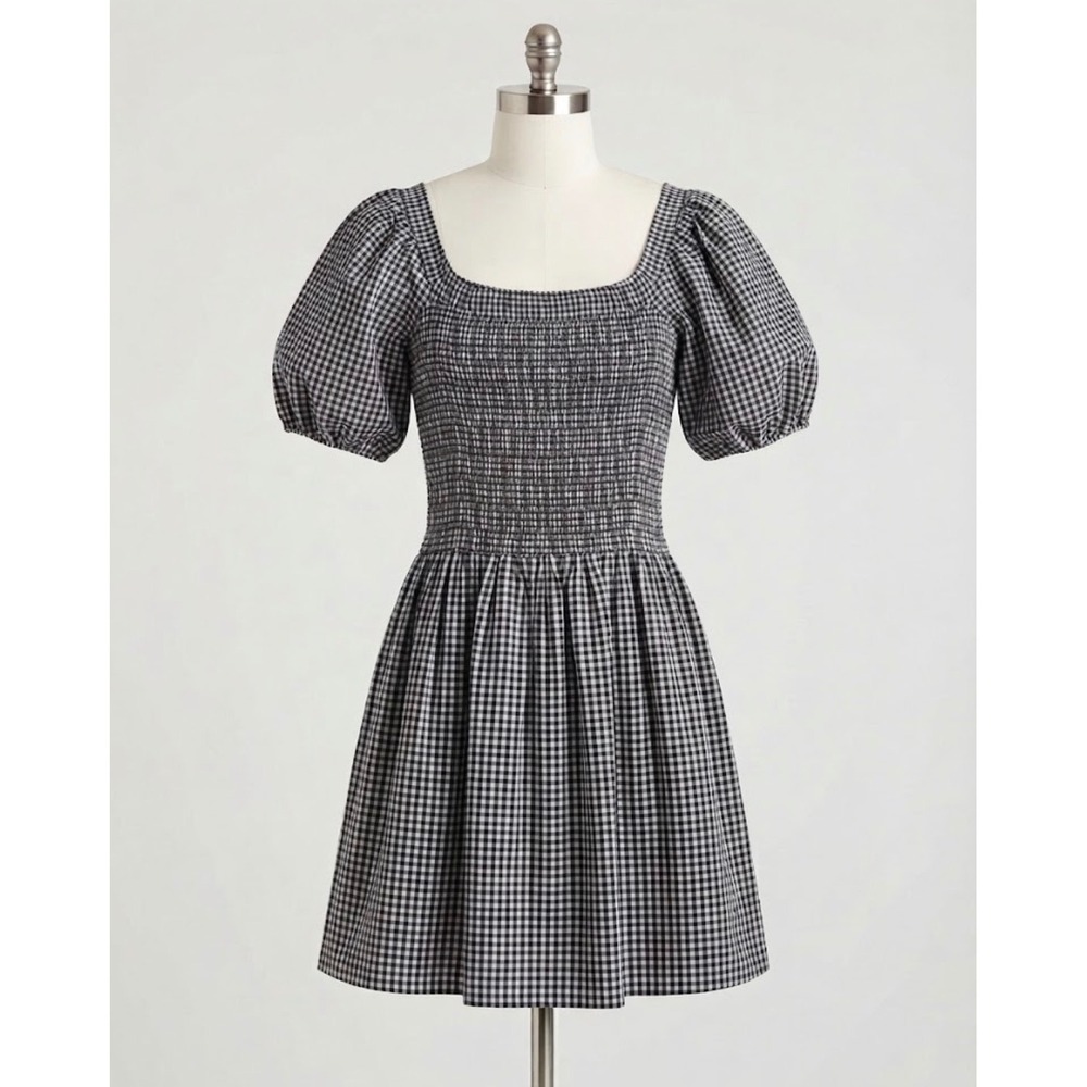 Madewell Black White Gingham Smocked Puff Sleeve Mini Dress XXS Linen Blend